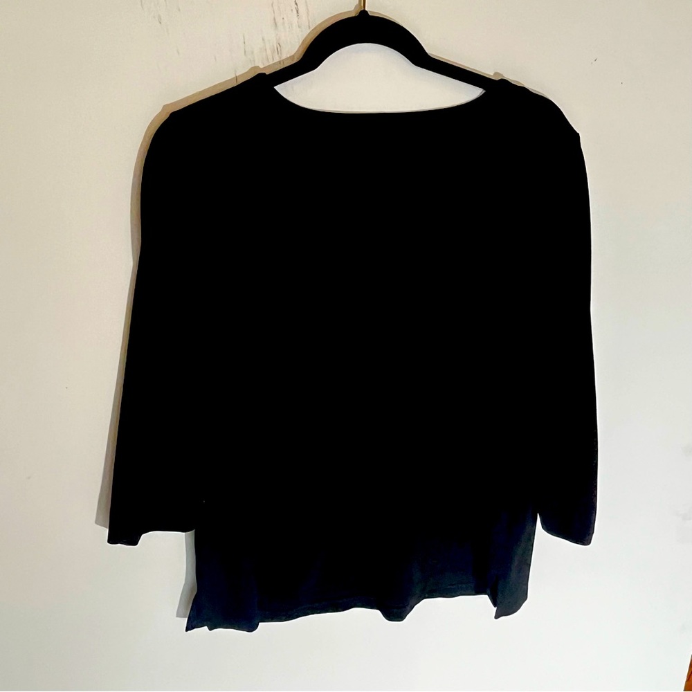 Black boat neck three-quarter length tee shirt, Chicos brand.